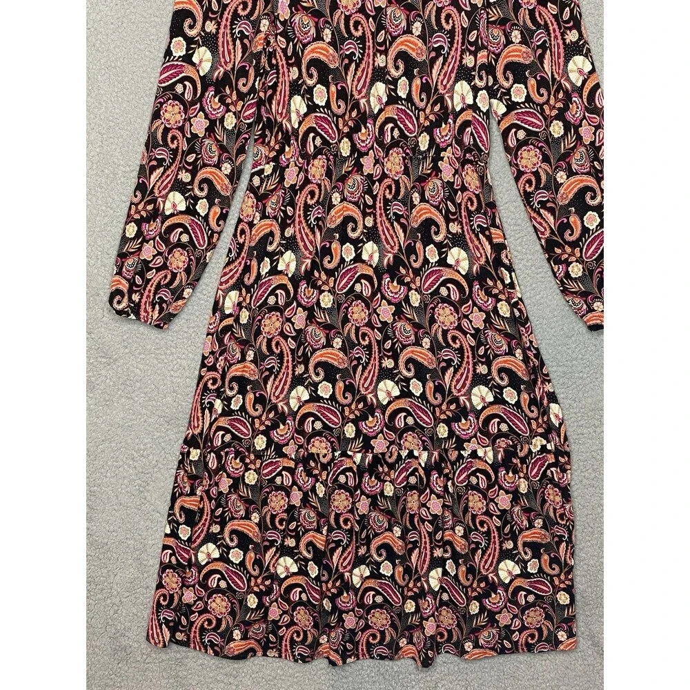 Loft Brown Boho Prairie Womens Keyhole Neck Tie Front LS Maxi Dress Sz M Stretch